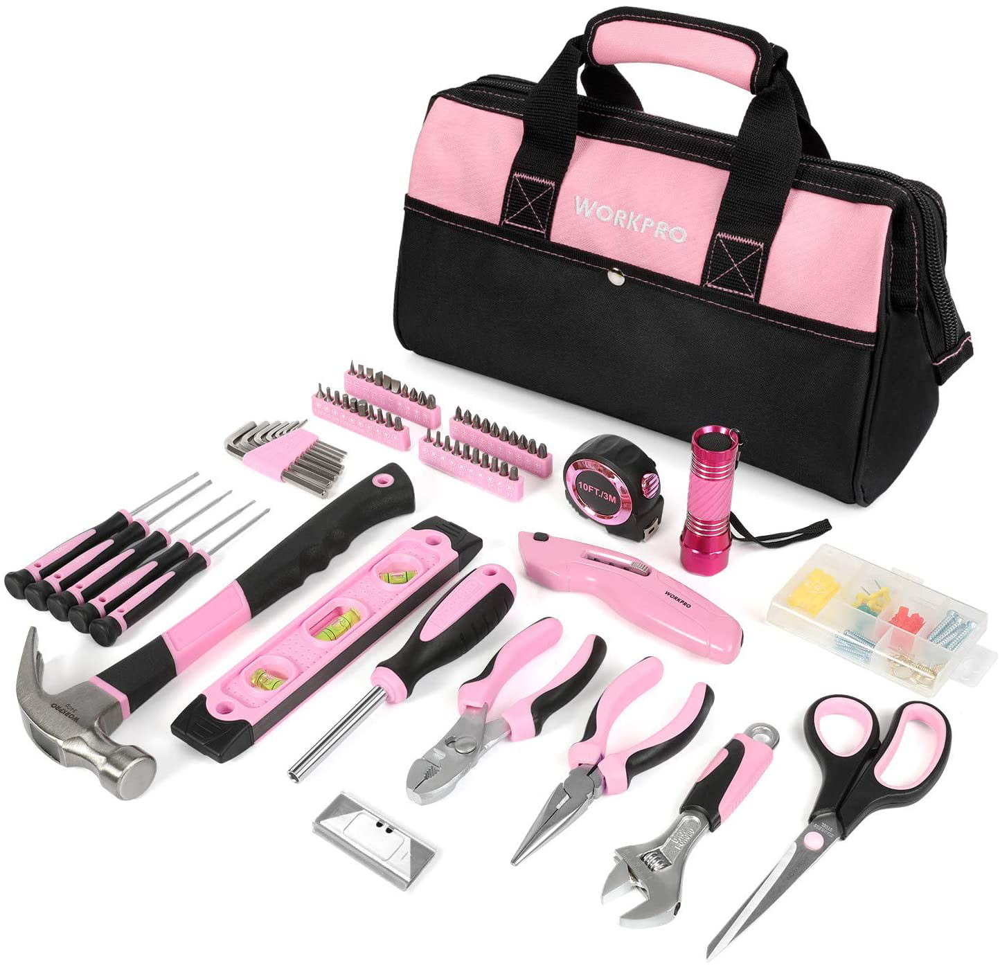 WORKPRO Pink Tool Kit, 106-Piece Lady'S Home Repairing Tool Set with Wide Mouth Open Storage Bag - Pink Ribbon