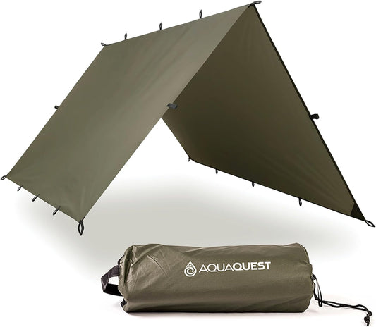 AQUAQUEST Defender Waterproof Camping Tarp - Heavy Duty Tent Shelter or Rain Fly - Camping Essentials for Hiking, Bushcraft & Hammock, 10 x 7 ft, Olive Drab