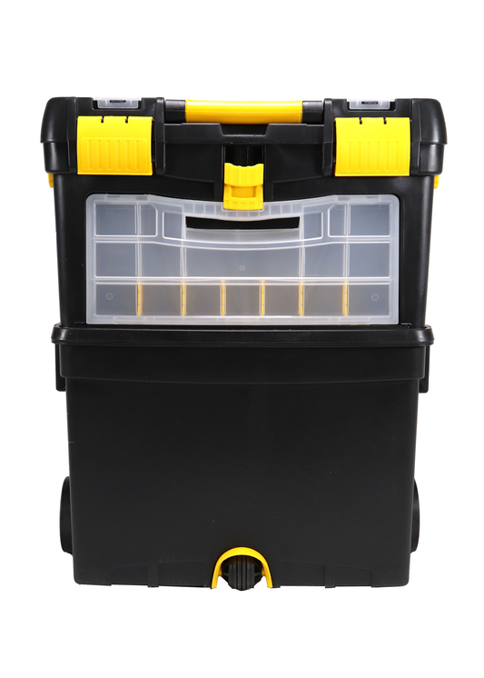 Steel Dragon Tools® Portable Rolling 2-Tiered Organizer Storage Box with Foldable Auto-Locking Handle and Detachable Storage Compartment for Crafts Toys Fishing Tools