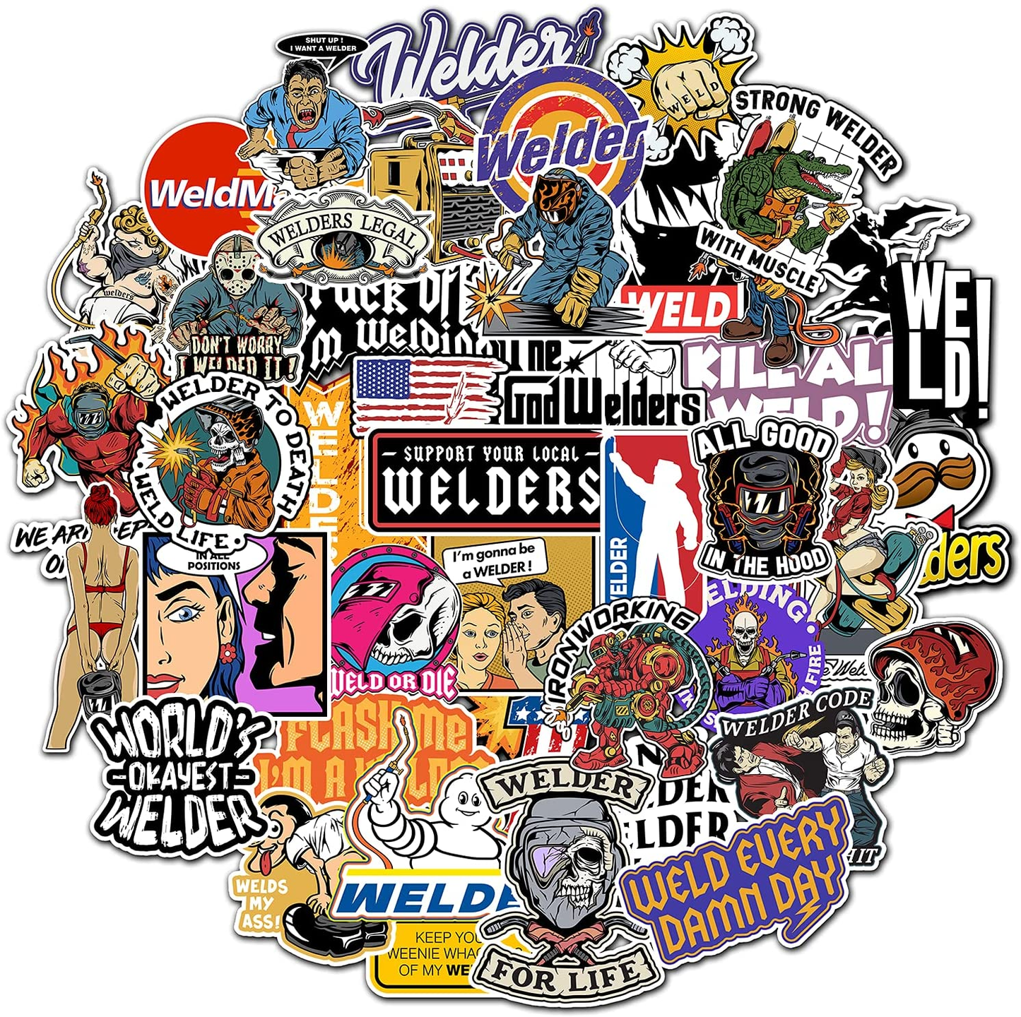 50 PCS Welder Hard Hat Stickers, Waterproof Welding Logo Vinyl Decal for Hood Helmet Tool Box Hardhat Car Bumper Window Truck, Assorted Sticker Pack for Construction Laborer Mechanic Toolbox