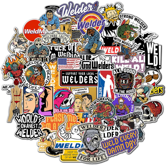50 PCS Welder Hard Hat Stickers, Waterproof Welding Logo Vinyl Decal for Hood Helmet Tool Box Hardhat Car Bumper Window Truck, Assorted Sticker Pack for Construction Laborer Mechanic Toolbox