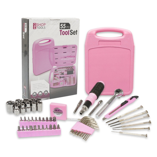 55Pc Tooltreaux Pink Tool Kit with Plastic Storage Tool Box Allen Key