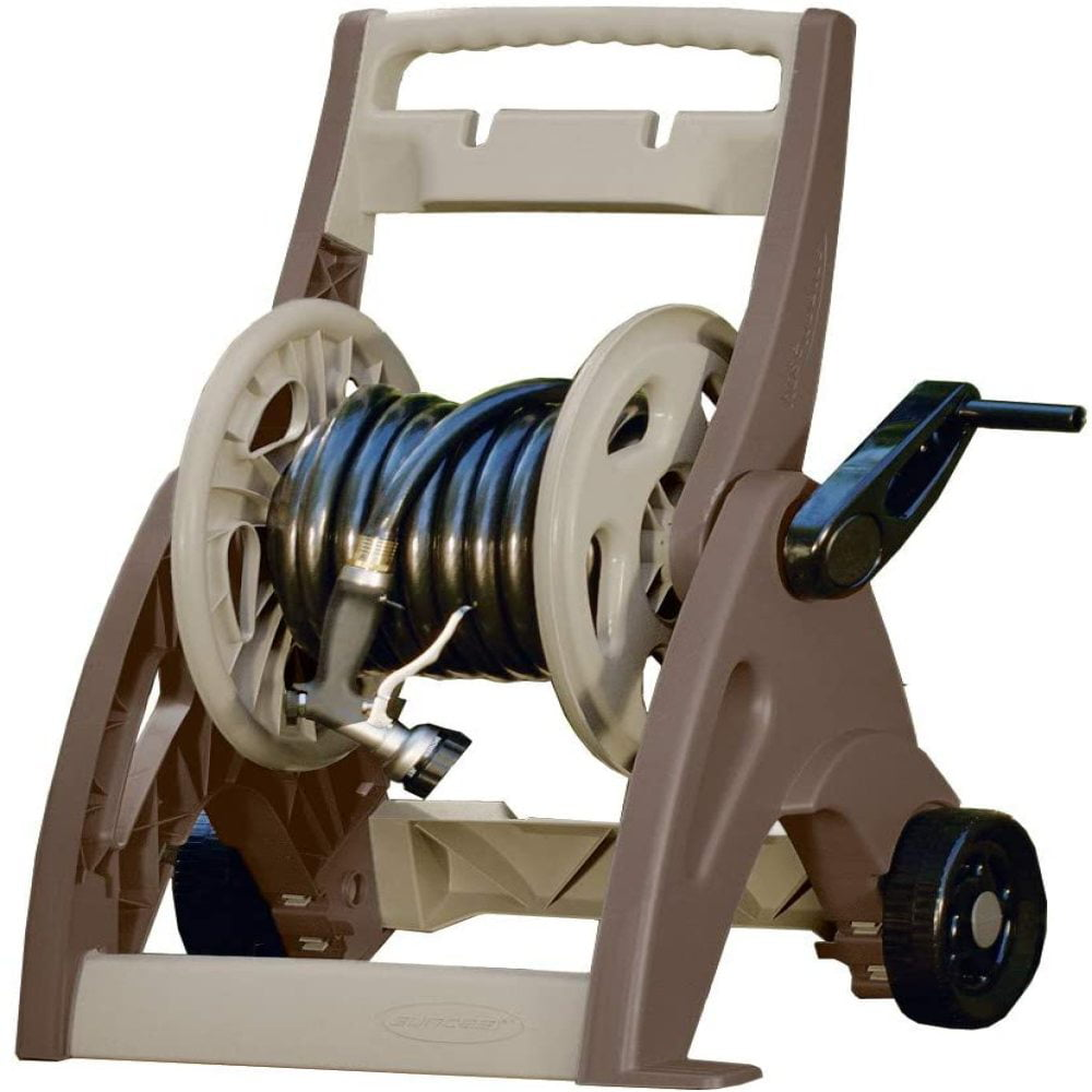 Suncast JSF175 175 Ft Hosemobile Reel Cart Hose Caddy with Large Easy to Grip Crank for Garden, Lawn, and Patio, 175, Bronze and Taupe