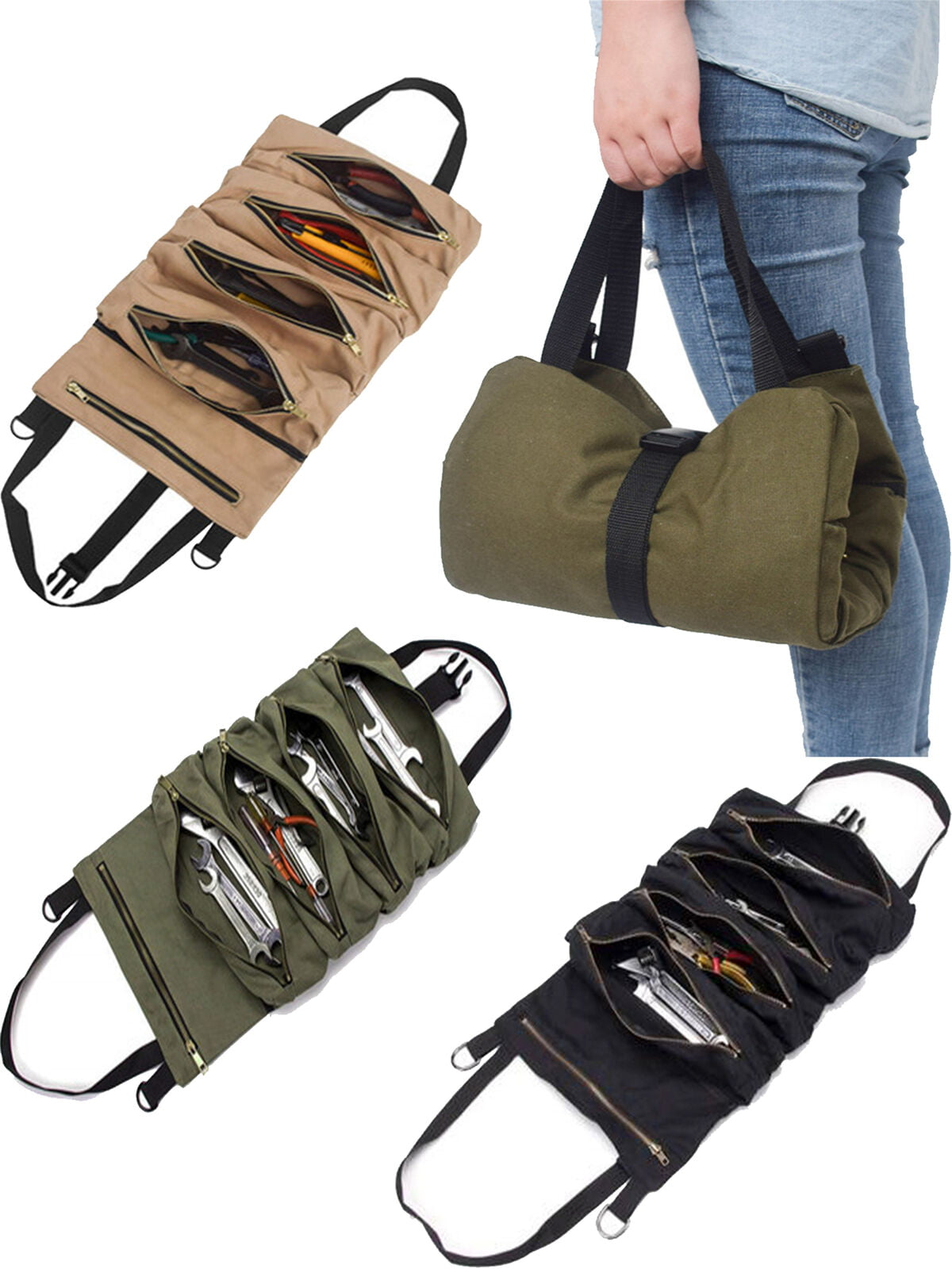 Super Tool Wrench Tool Roll up Bag Canvas Tool Hanging Carrier Pouch Organizer Hardware > Hardware Accessories > Tool Storage & Organization > Tool Bags LIKE DESIGN Green One Size