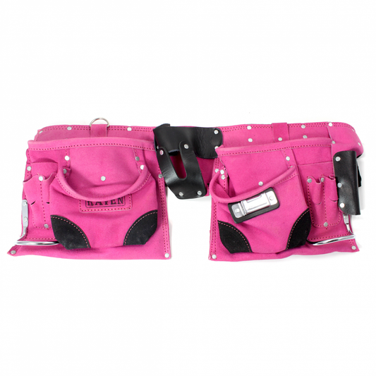 9 Pocket Tool Belt Pouch Heavy Duty Suede Leather for Hammer Nails, Pink Toolbelt